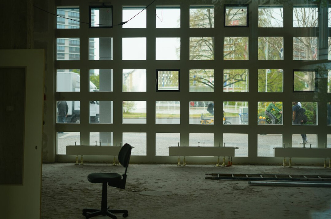 Empty TV studio set with cameras and lighting rigs