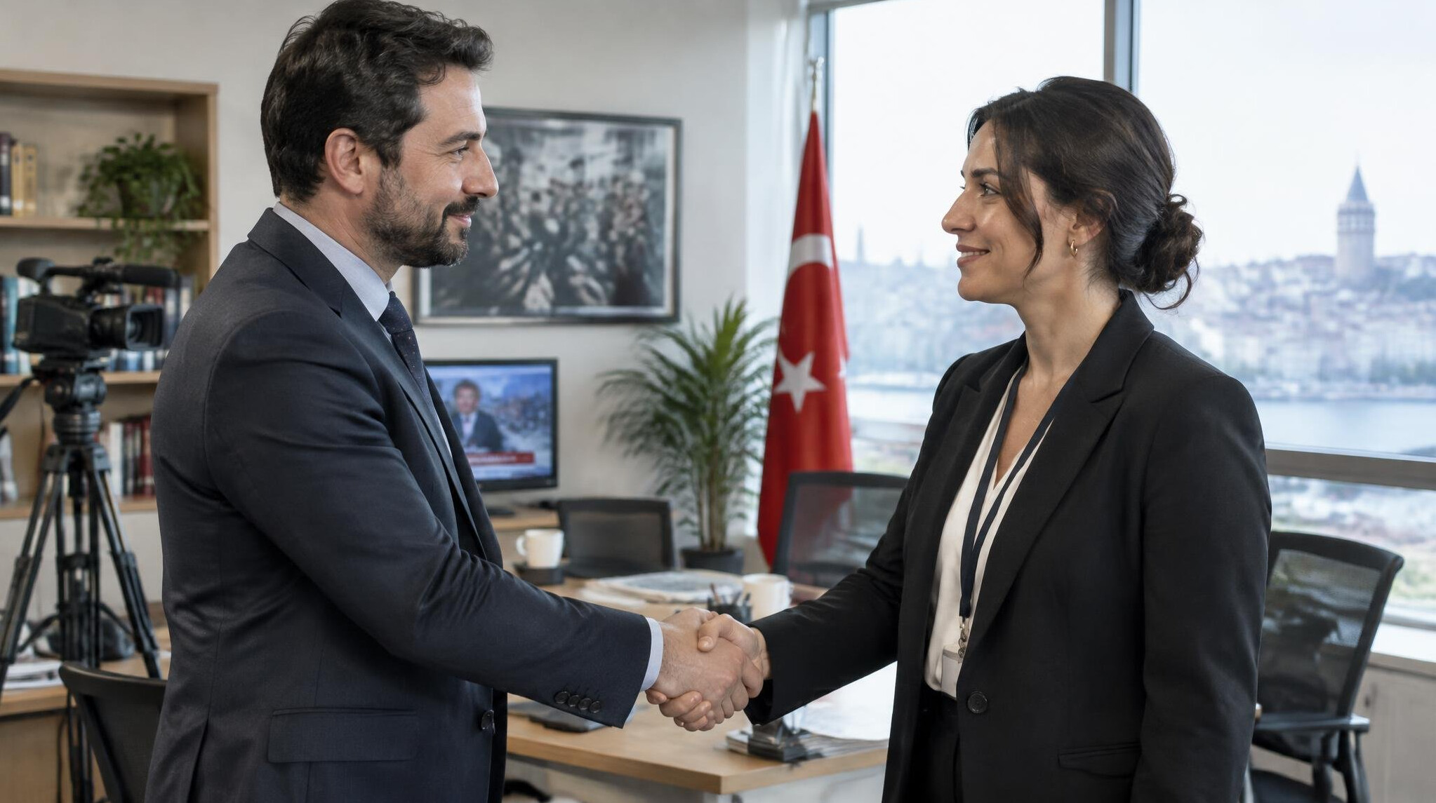 Two colleagues shaking hands after resolving a disagreement