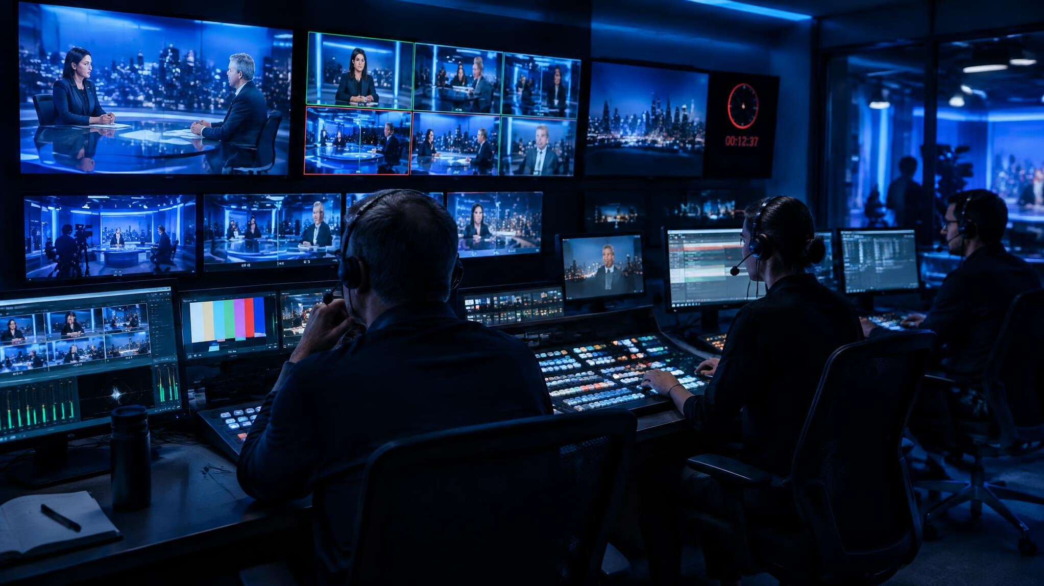 TV studio control room with monitors during a live broadcast